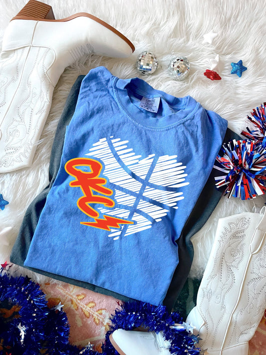 White OKC Scribble Heart Flo Blue Tee