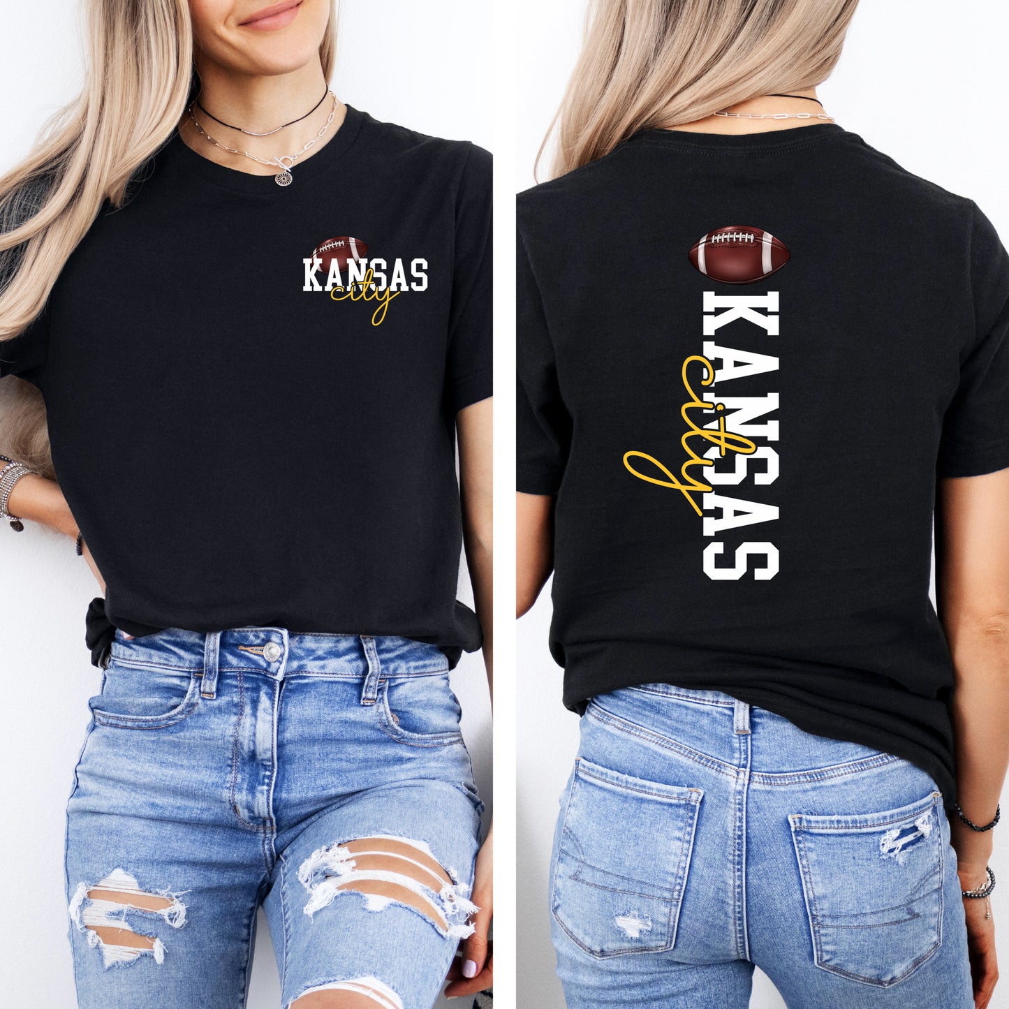 FRONT + BACK Kansas City Script Football Black Tee