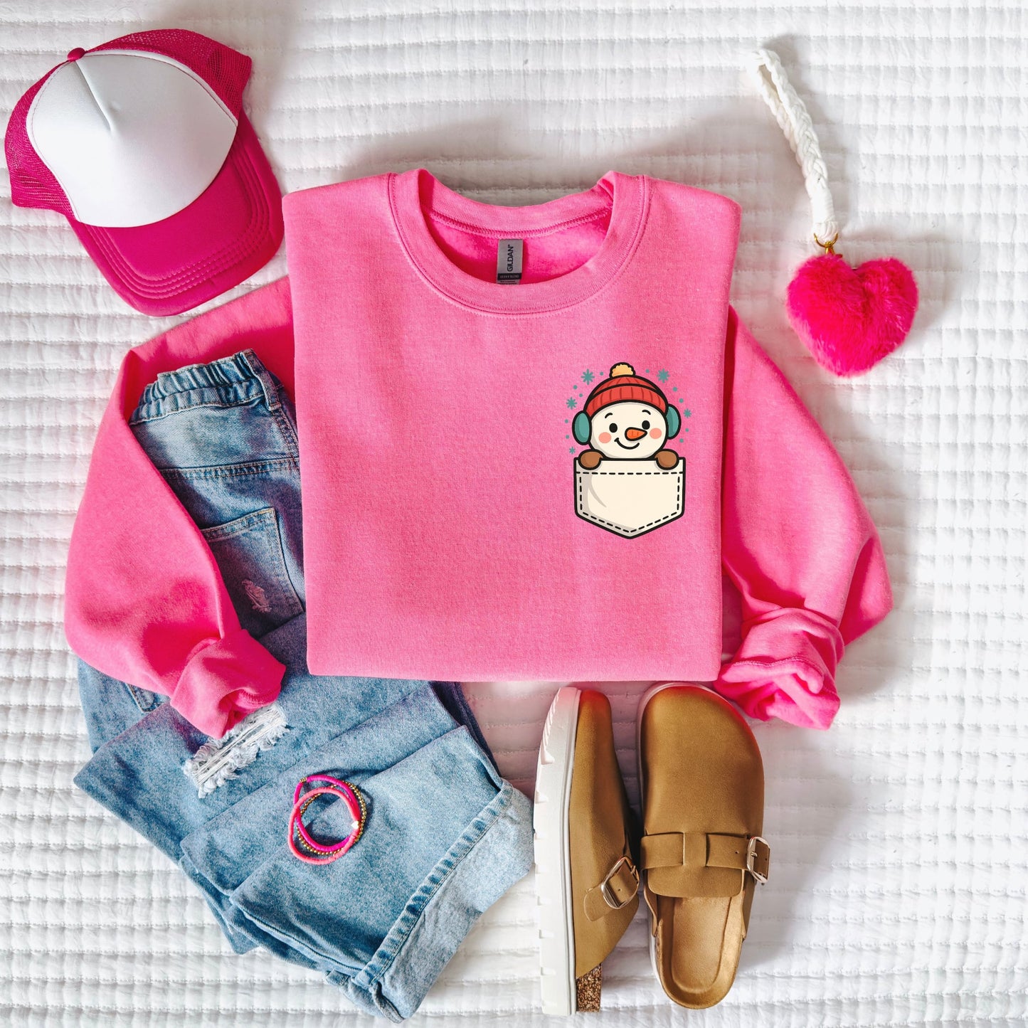 Pocket Snowman Neon Pink Sweatshirt