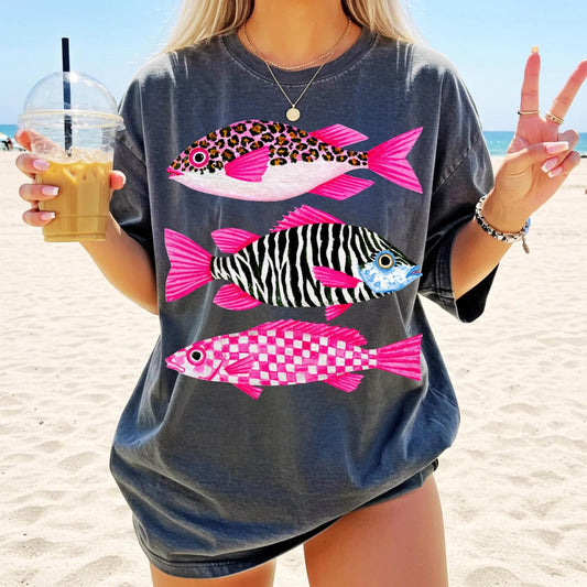 Pink Patterned Tropical Fish Pepper Tee