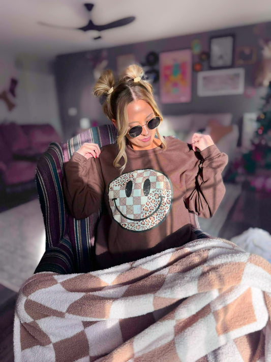 Checkered & Leopard Smiley Face Chocolate Sweatshirt