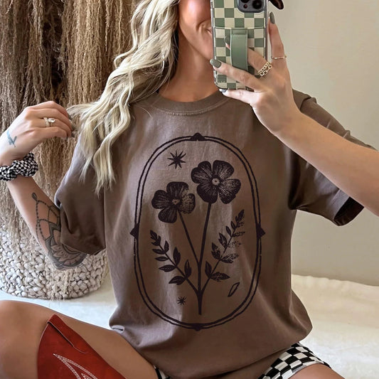 Vintage Linocut Flower Design Espresso Tee