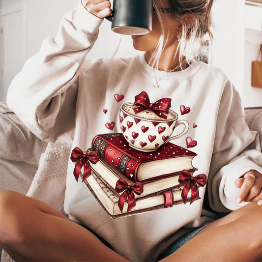 Valentines Stacked Books & Cup Sand Sweatshirt