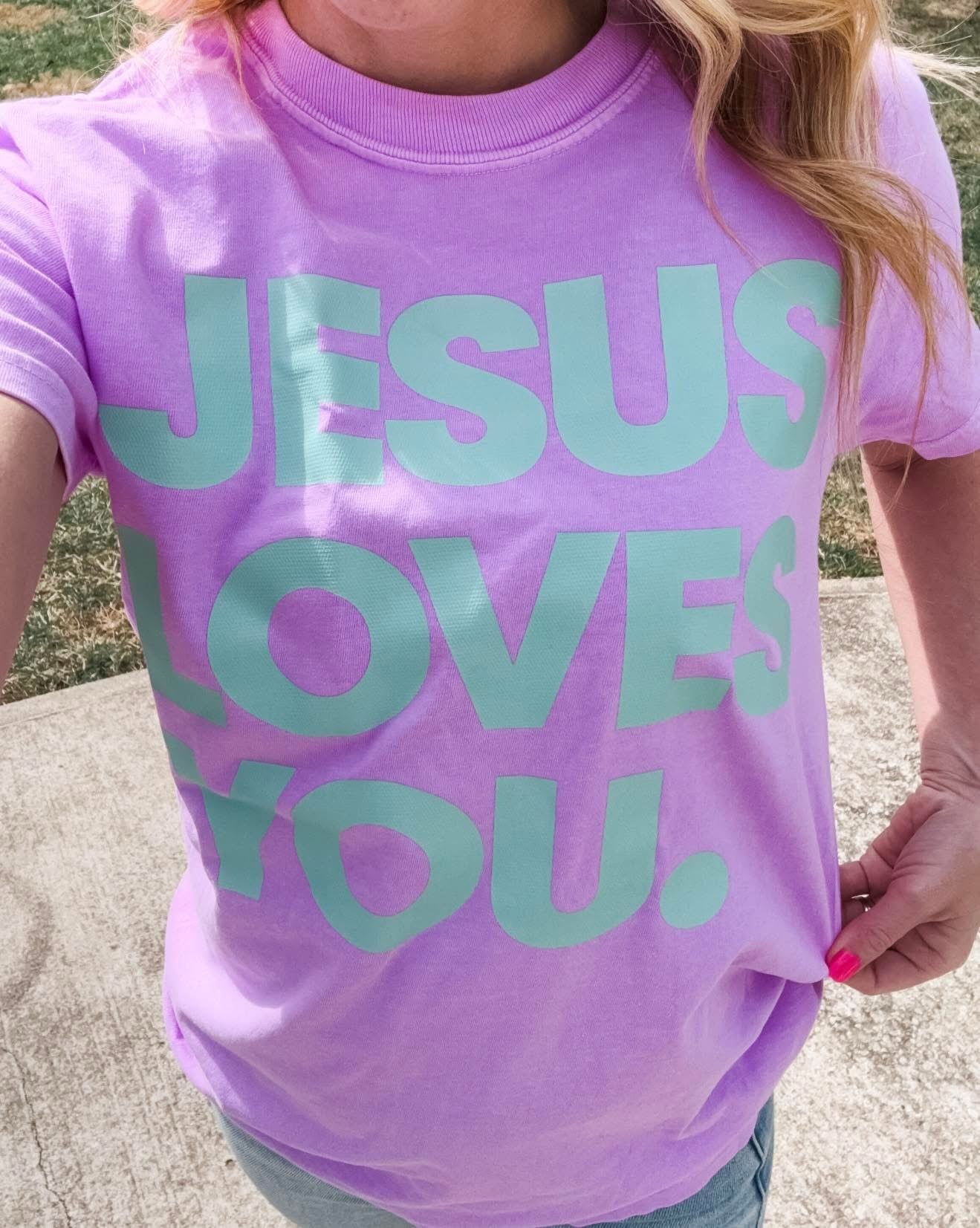 Teal Jesus Loves You Neon Violet Tee