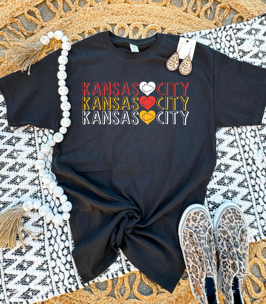 Red White Gold Kansas City Heart Repeat Black Tee