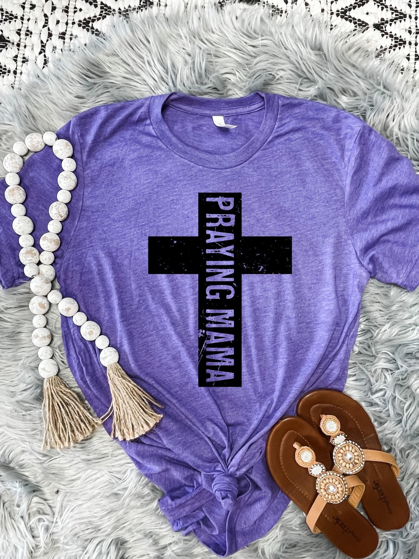 Praying Mama Distressed Cross Heather Purple Tee