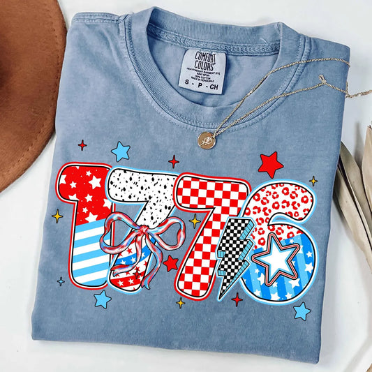 **DEAL PRICE** 1776 Bow & Lightening Bolt Washed Denim Tee