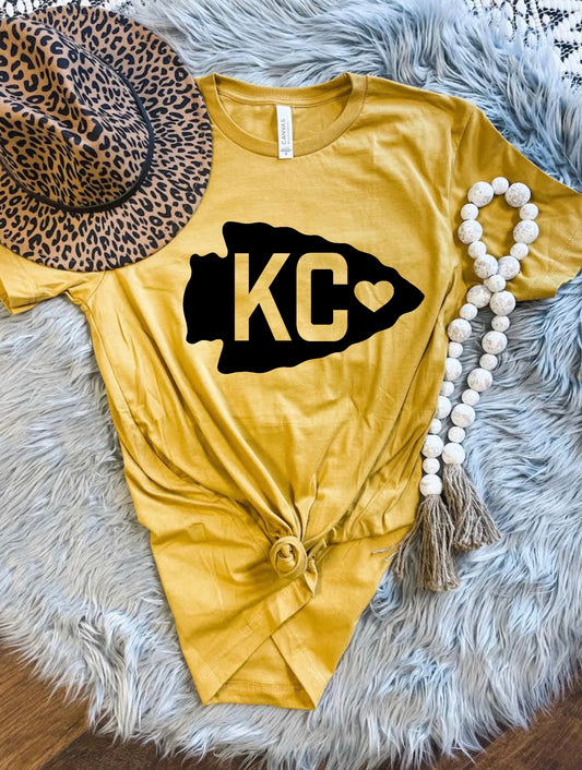 KC Heart Black Arrowhead Mustard Tee