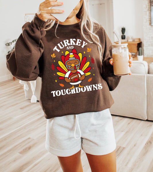 **HALFTIME DEAL** White Ink Turkey & Touchdowns Chocolate Sweatshirt