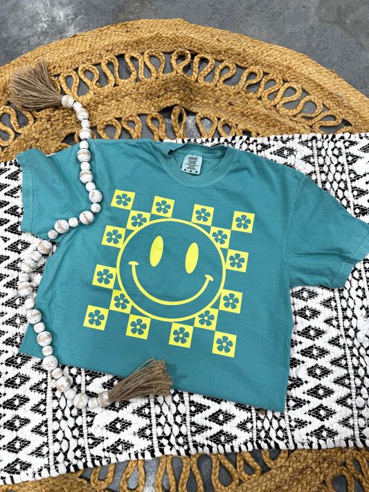 **Adult & Kids Sizes** Yellow Checkered Daisy Seafoam Tee