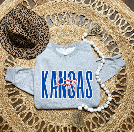 Tall Red & Blue Kansas Football Sports Grey Sweatshirt