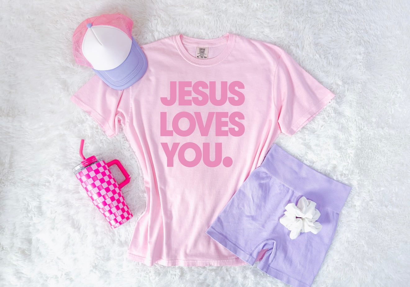 Adult & Kids Size** Light Pink Jesus Loves You Blossom Tee – Olive