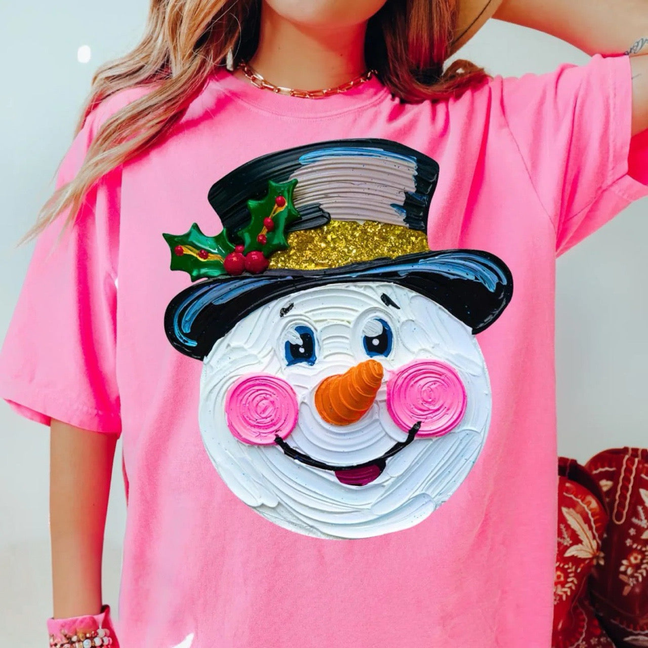 Painted Snowman Neon Pink Tee