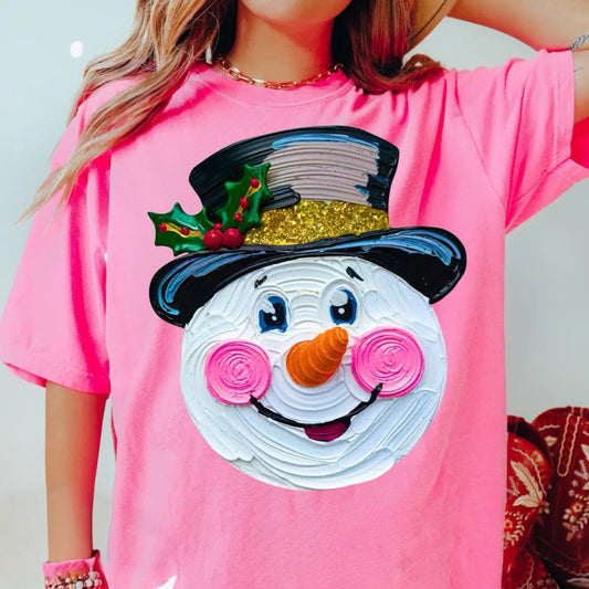 Painted Snowman Neon Pink Tee