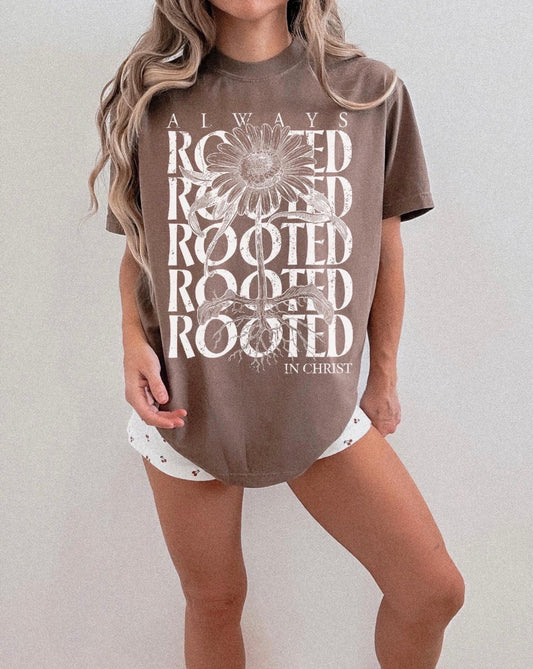 White Ink Always Rooted In Christ Espresso Tee