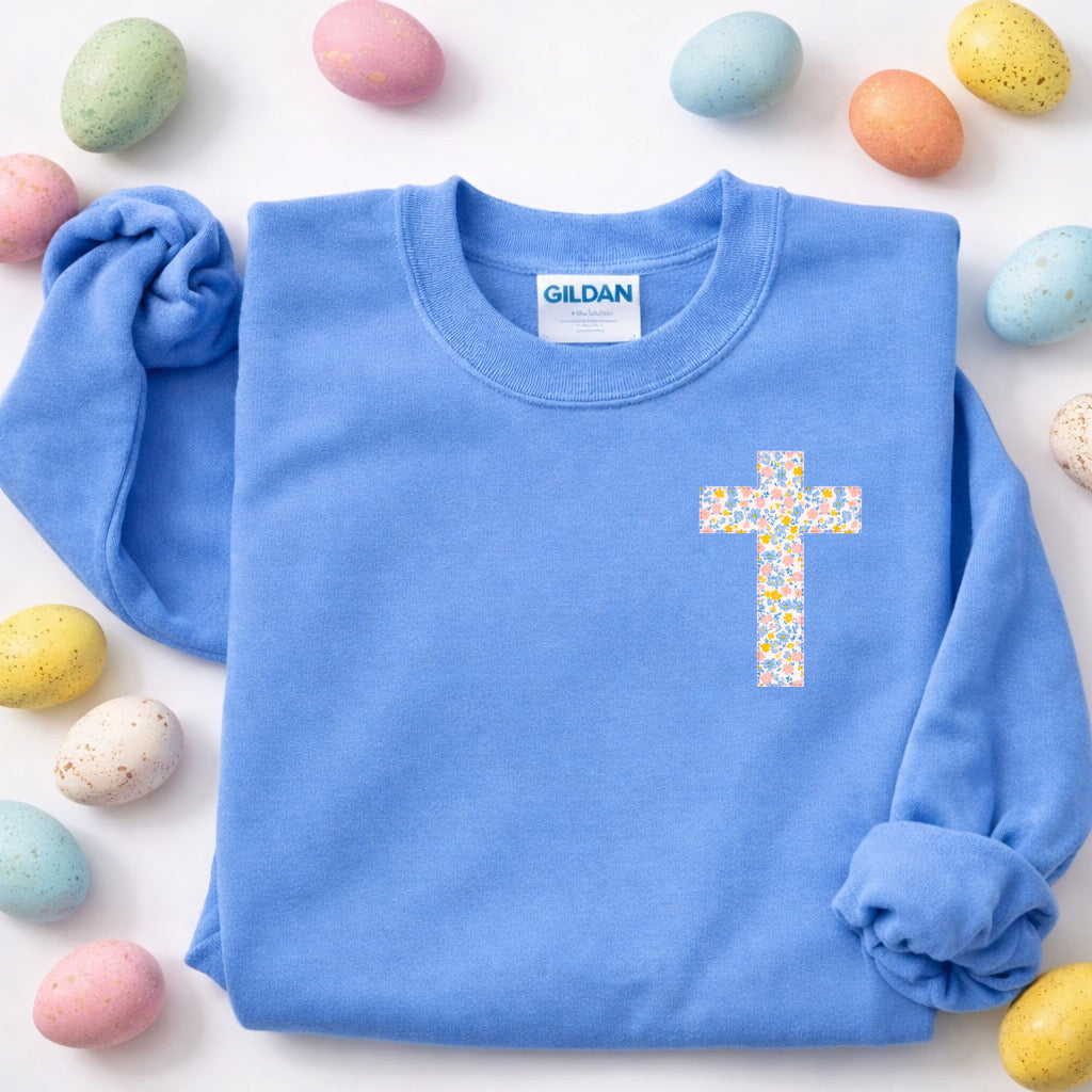 Left Chest Floral Cross Carolina Blue Sweatshirt