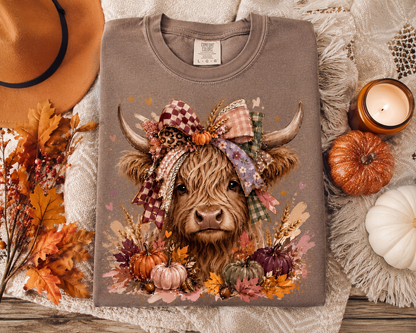 Fall Bow & Pumpkins Highland Cow Espresso Tee