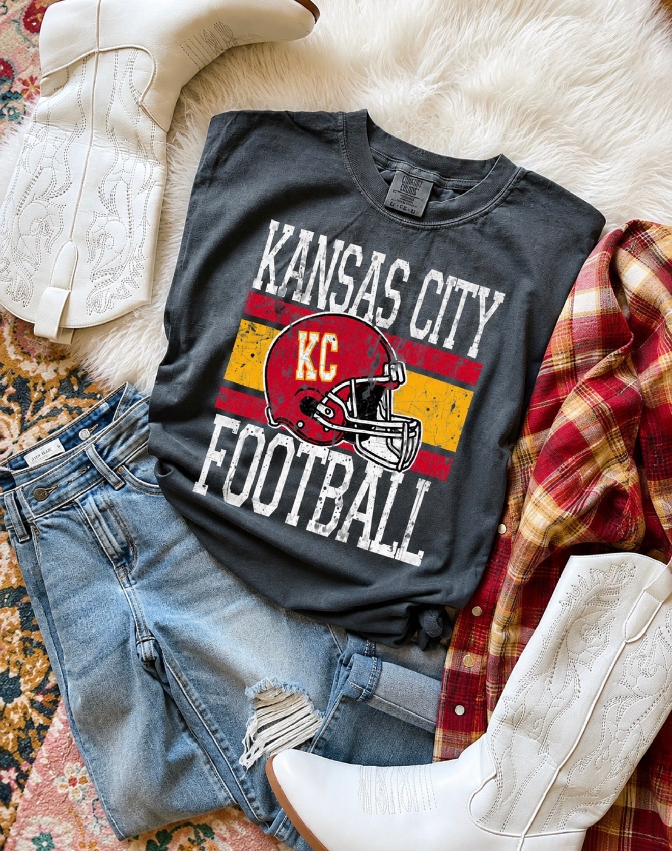 **HALFTIME DEAL** Red & Gold Distressed Kansas City KC Helmet Pepper Tee