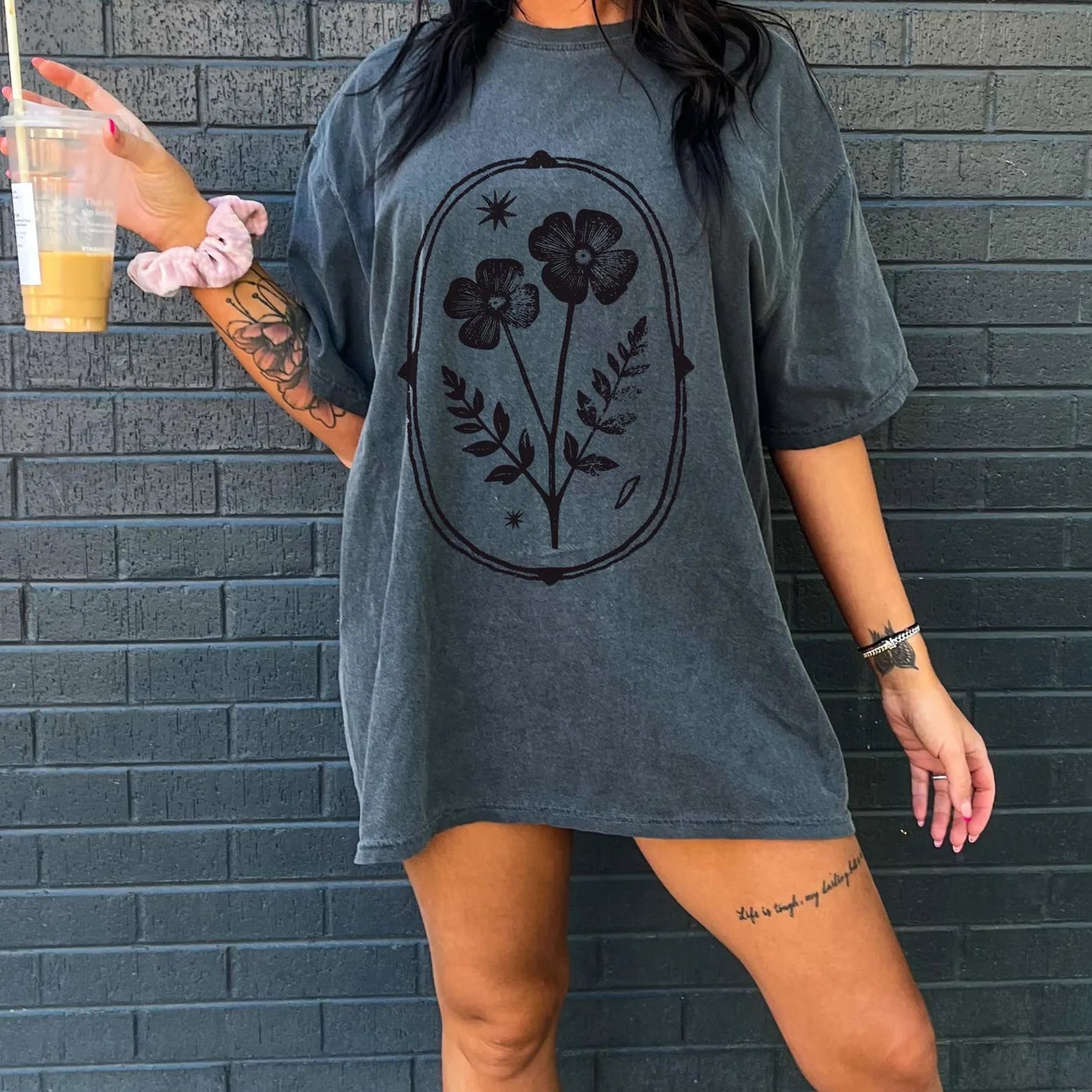 Vintage Linocut Flower Design Pepper Tee