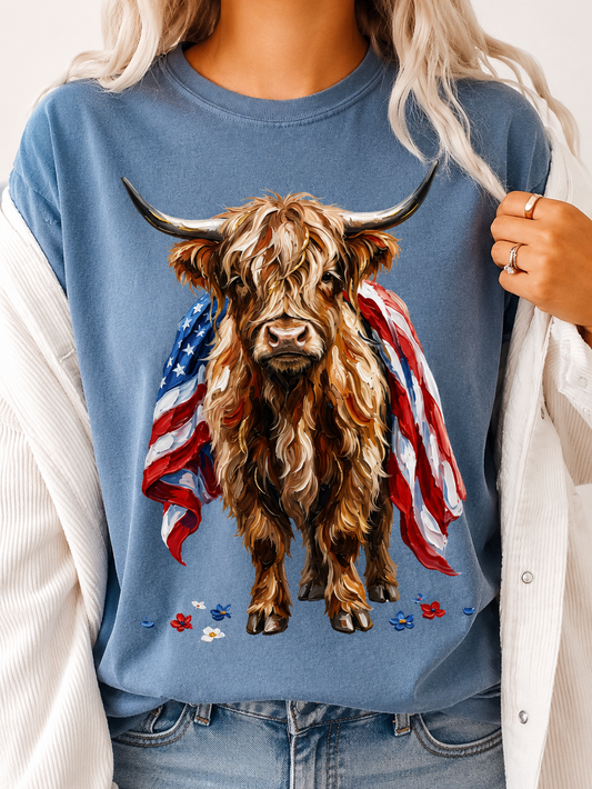 **DEAL OF THE DAY** American Flag Highland Cow USA Blue Jean Tee