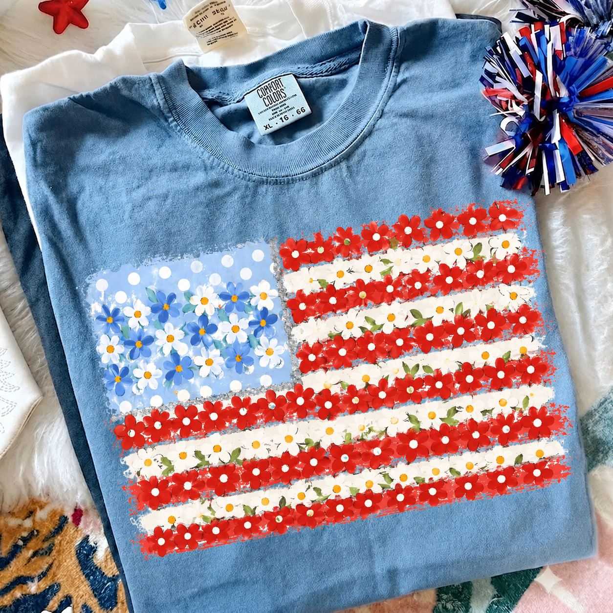 **DEAL OF THE DAY** Boho Floral USA Flag Blue Jean Tee