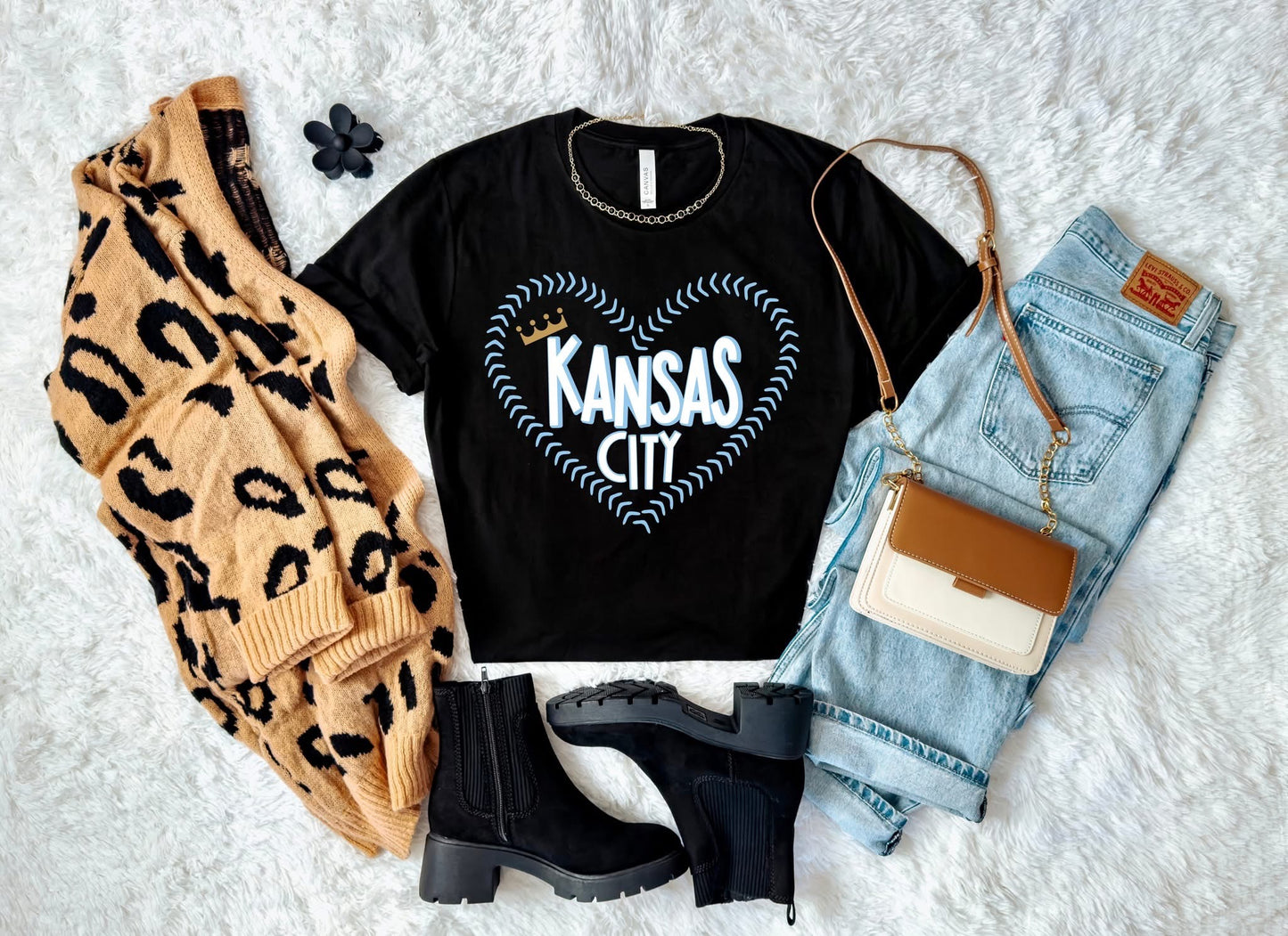 Baseball Stitching KC Heart Black Tee