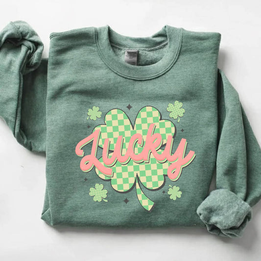 Green Checkered Lucky Shamrock Heather Green Sweatshirt