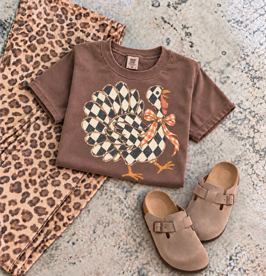 Cutesy Checkered Gobble Turkey Espresso Tee **FINAL SALE**