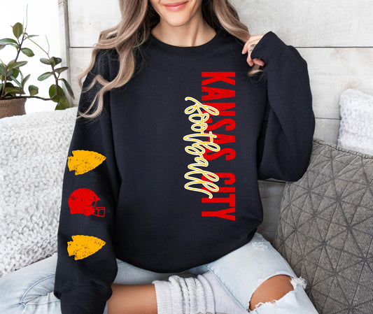 **DEAL OF THE DAY** Red & Gold Kansas City Football Script With Arrowhead & Helmet Sleeve Black Sweatshirt