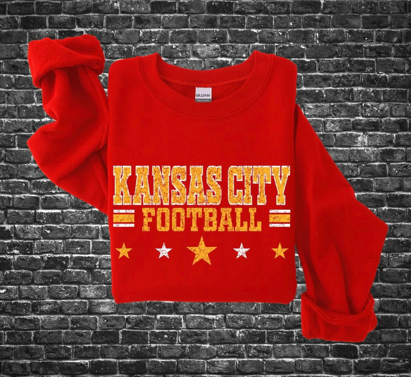 **HALFTIME DEAL** Distressed Kansas City Football Stars Stripes Red Sweatshirt