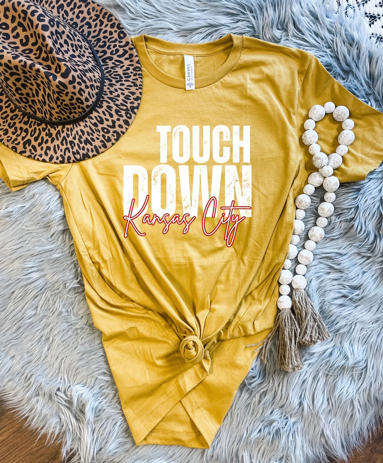 White Distressed Touchdown Kansas City Heather Mustard Tee