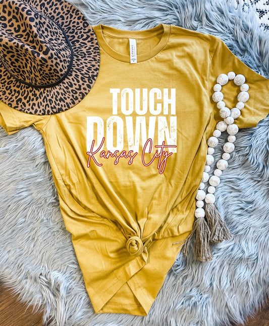 White Distressed Touchdown Kansas City Heather Mustard Tee