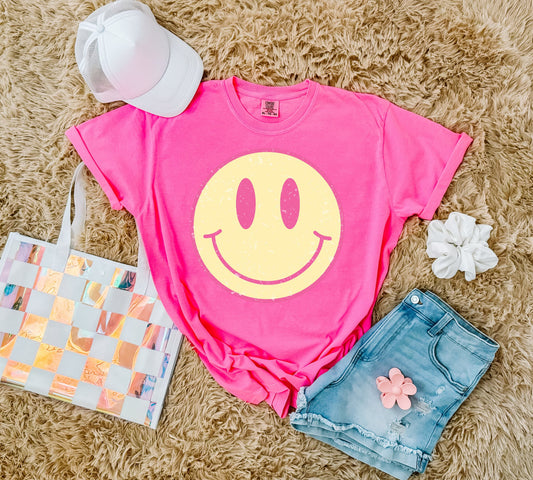 Yellow Distressed Smiley Face Neon Pink Tee/Tank