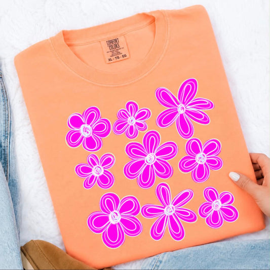 Pink Daisies Neon Cantaloupe Tee