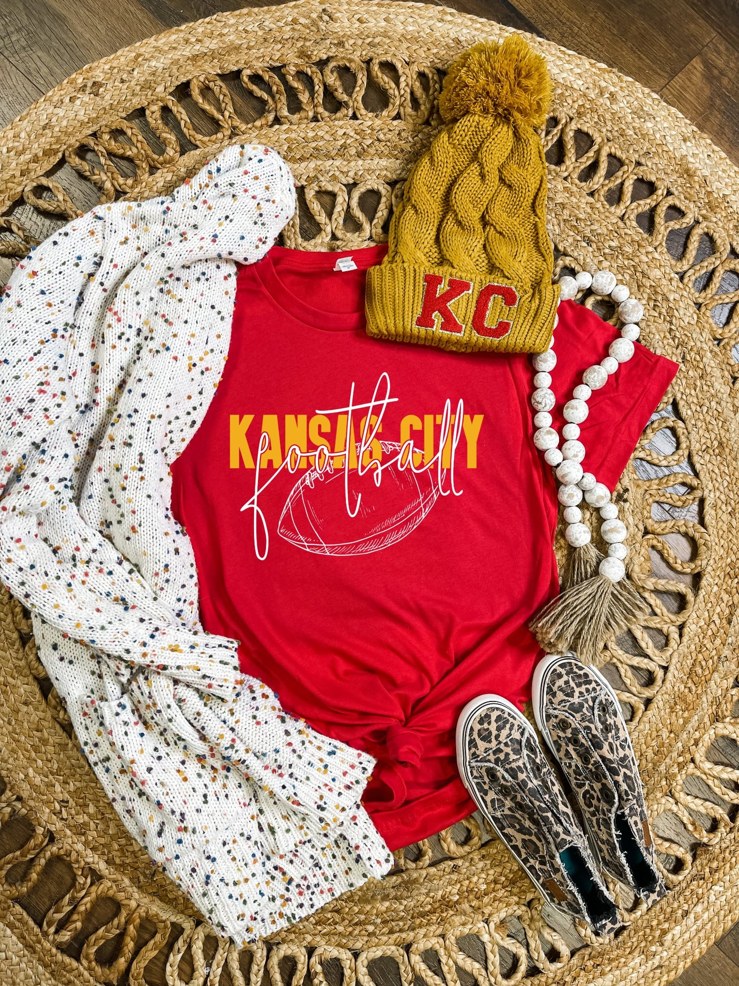 **HALFTIME DEAL** Gold Kansas City White Football Outline Script Red Tee