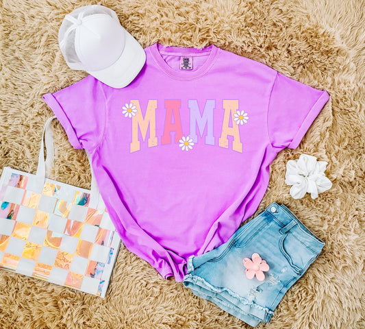 Mama Distressed Varsity Curve Daisies Neon Violet