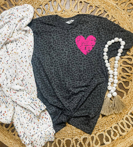 Distressed Pink Heart Pocket Black Leopard Tee