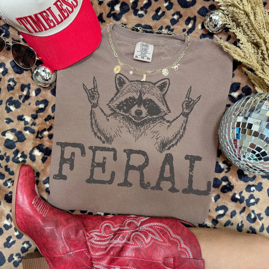 Feral Rock On Raccoon Espresso Tee