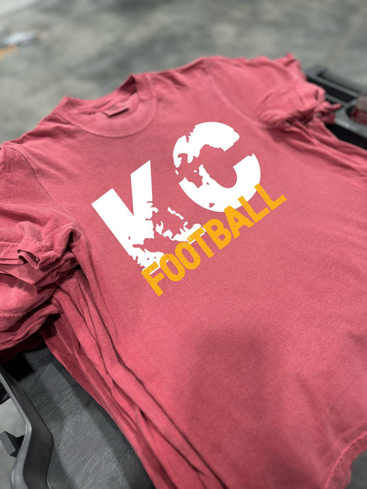 White Distressed KC Gold Football Crimson Tee