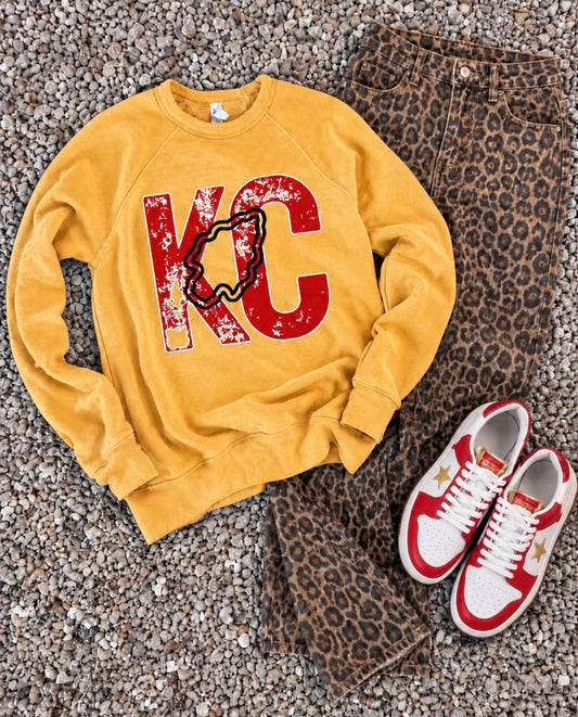 **HALFTIME DEAL** KC Distressed Retro Football Heather Mustard Sweatshirt