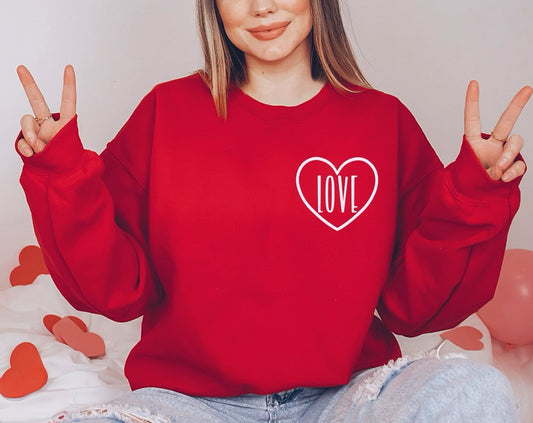 Left Chest Pink Love Heart Red Sweatshirt