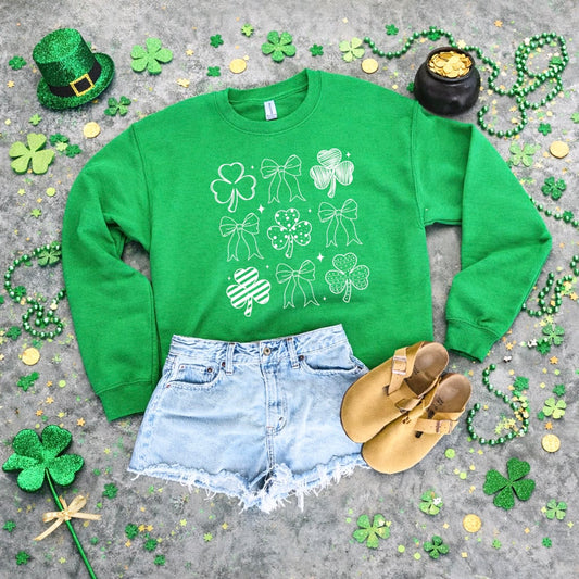 White Bows & Shamrock Collage Irish Green Sweatshirt