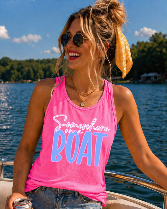 Somewhere On A Boat Neon Pink Tank Top