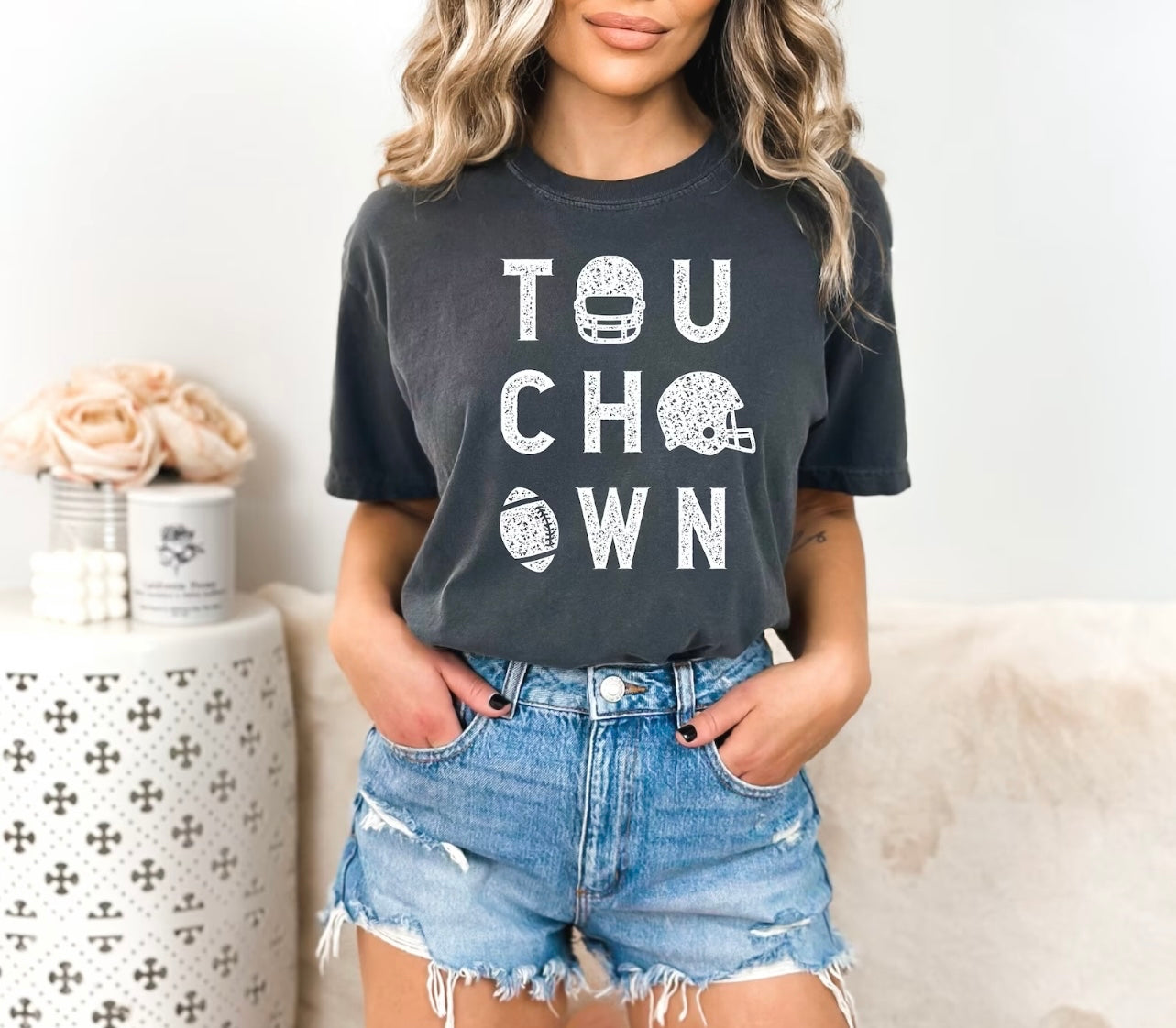 White Distressed Touchdown Pepper Tee