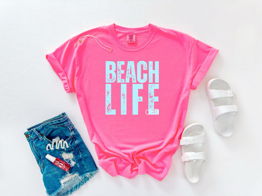 Blue Distressed Beach Life Neon Pink Tee