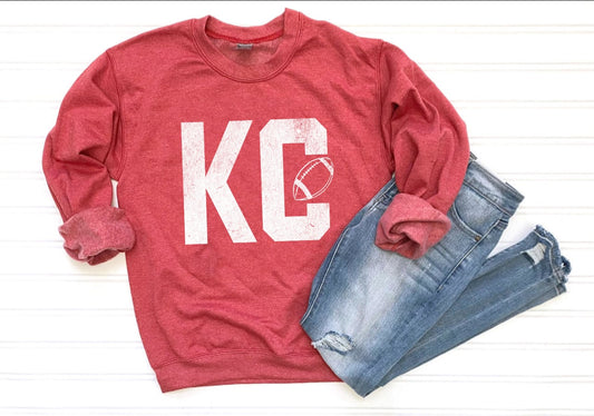 **HALFTIME DEAL** White Distressed KC Inside Football Heather Red Sweatshirt