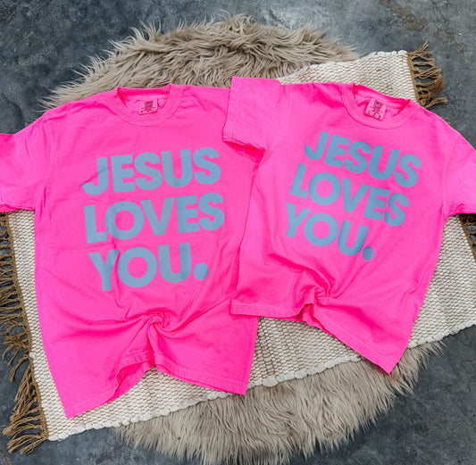 **Adult & Kids Size** Blue Jesus Loves You Neon Pink Tee