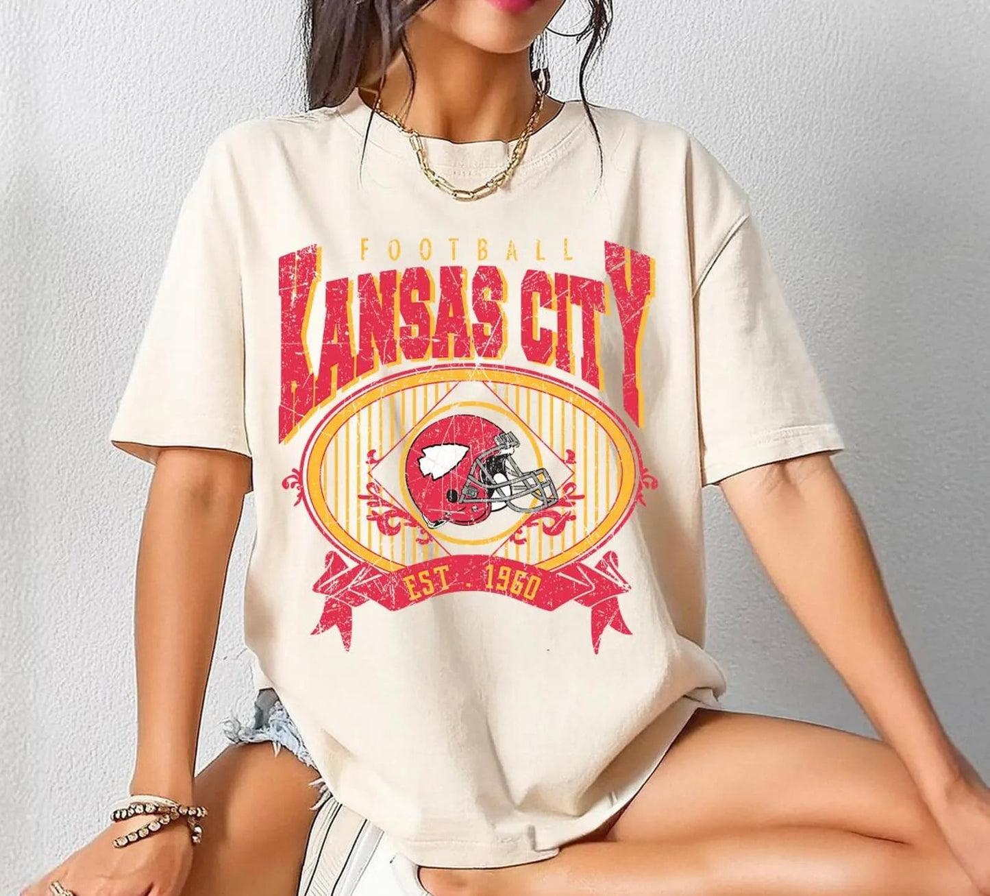 **DEAL PRICE** Oval Vintage Kansas City Football Ivory Tee