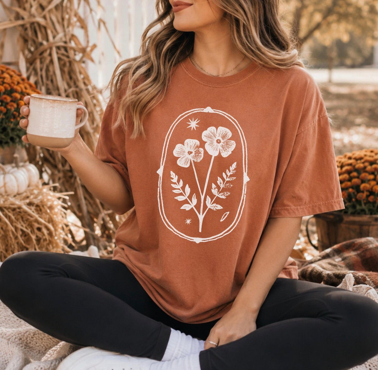 White Vintage Linocut Flower Yam Tee