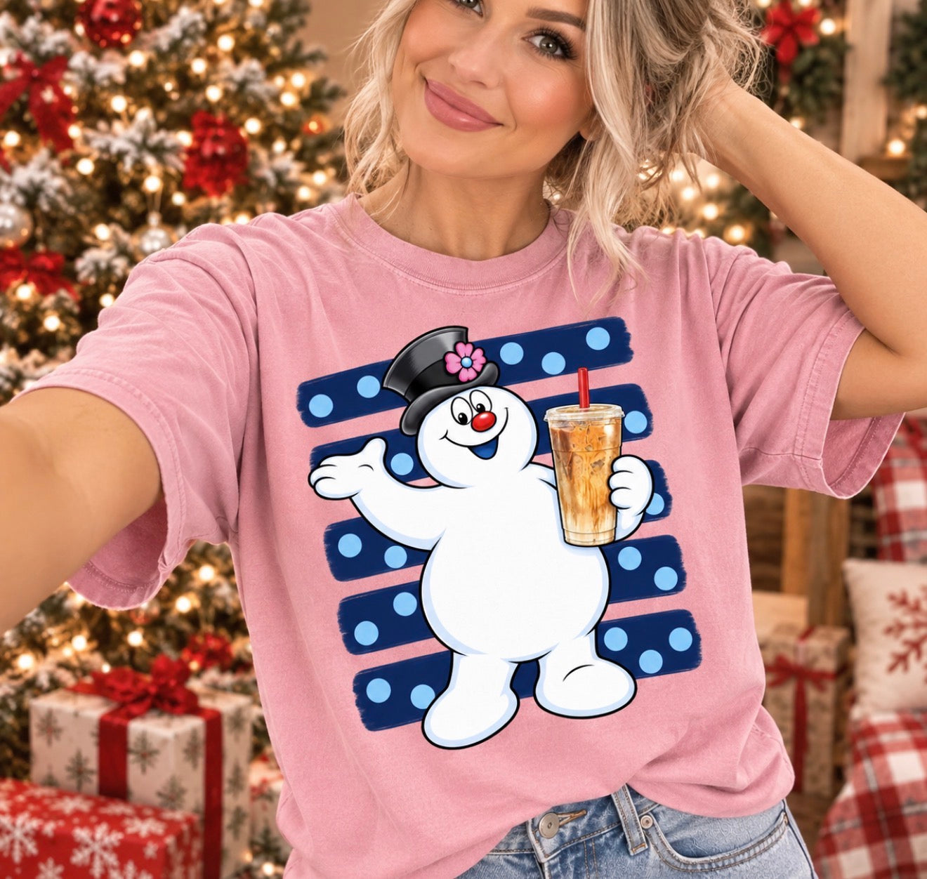 Iced Coffee Snowman Striped Rose Quartz Tee